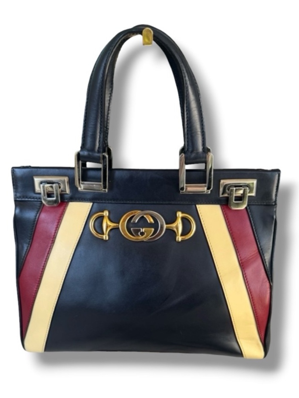 Gucci Zumi Medium Top Handle Tote Navy Burgundy Ivory Colorblock SS2019